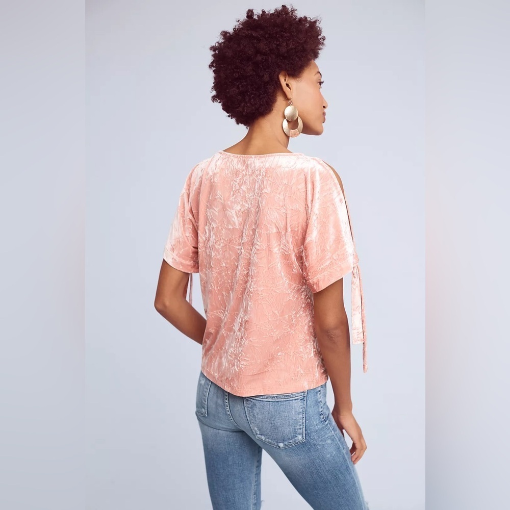 Maeve by Anthropologie Crushed Velvet Cold Shoulder Blouse Coral spring summer - Picture 3 of 6